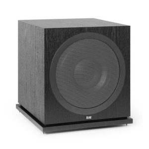 ELAC Debut 2.0 SUB3030 - Angled view with included floor spikes installed